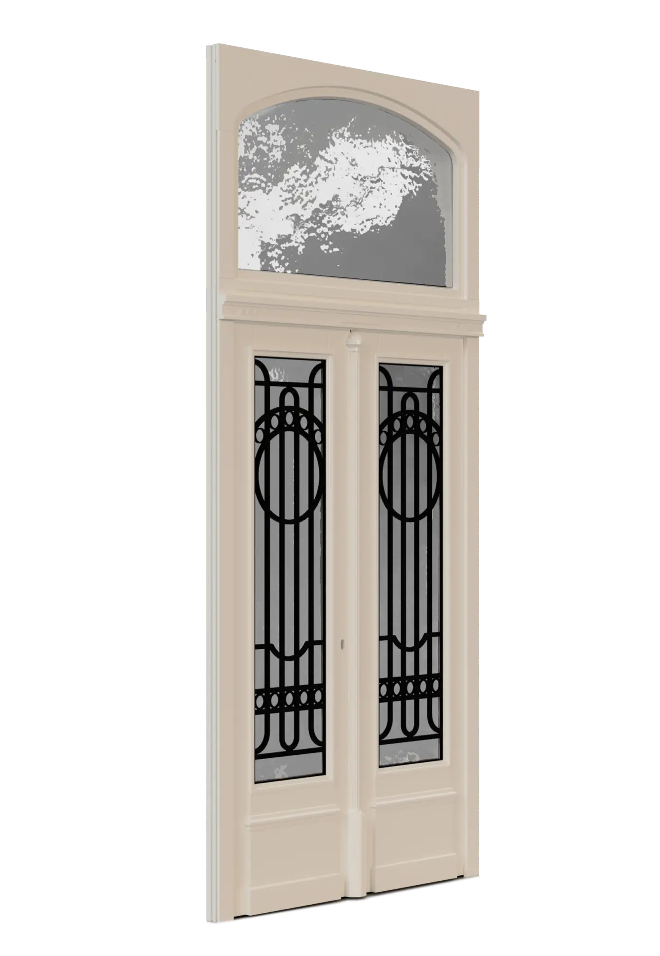Ontwerptekening van een klassieke houten voordeur met glas-in-lood